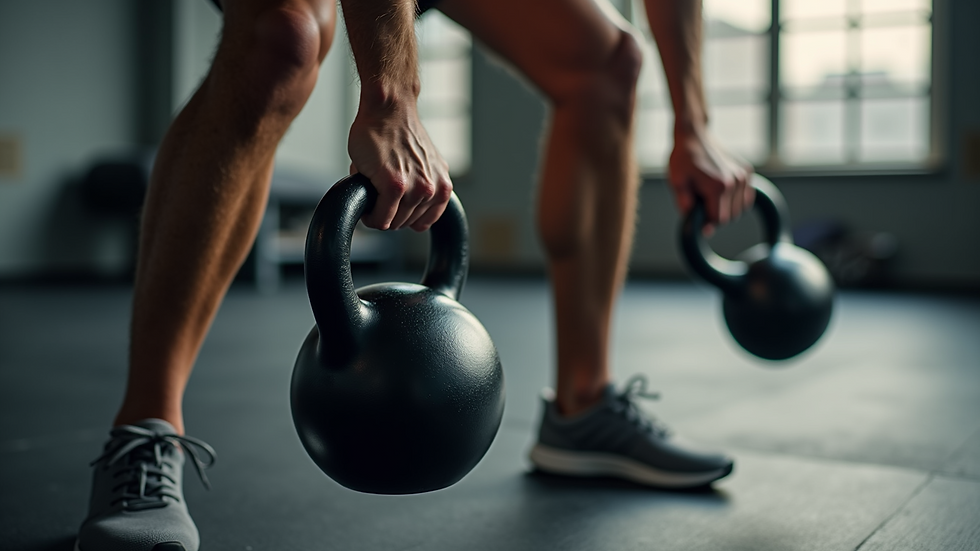 Close-up view of a person performing a kettlebell swing in a gym setting