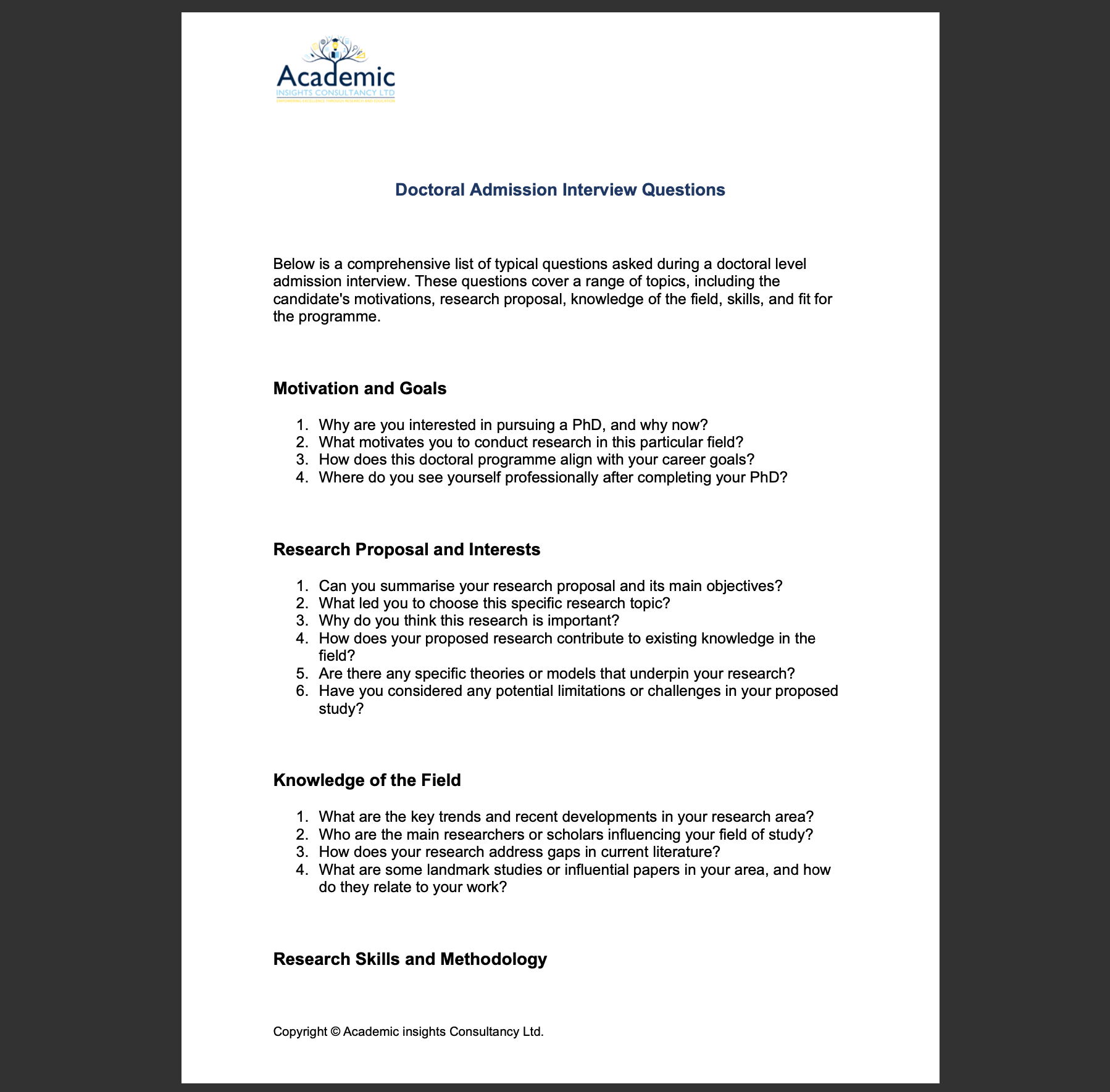 PGR Doctoral Admission interview Questions