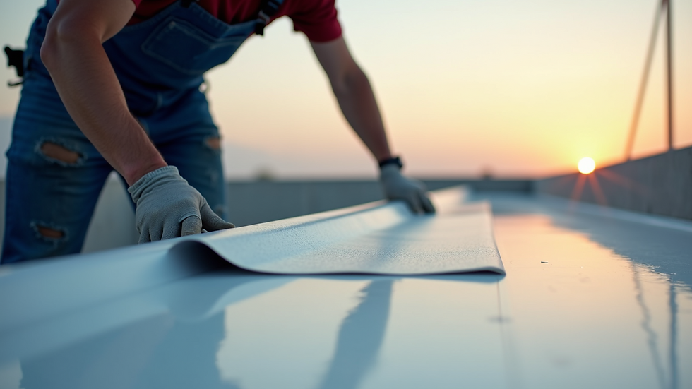 Close-up view of flat roofing membrane being installed on a commercial building