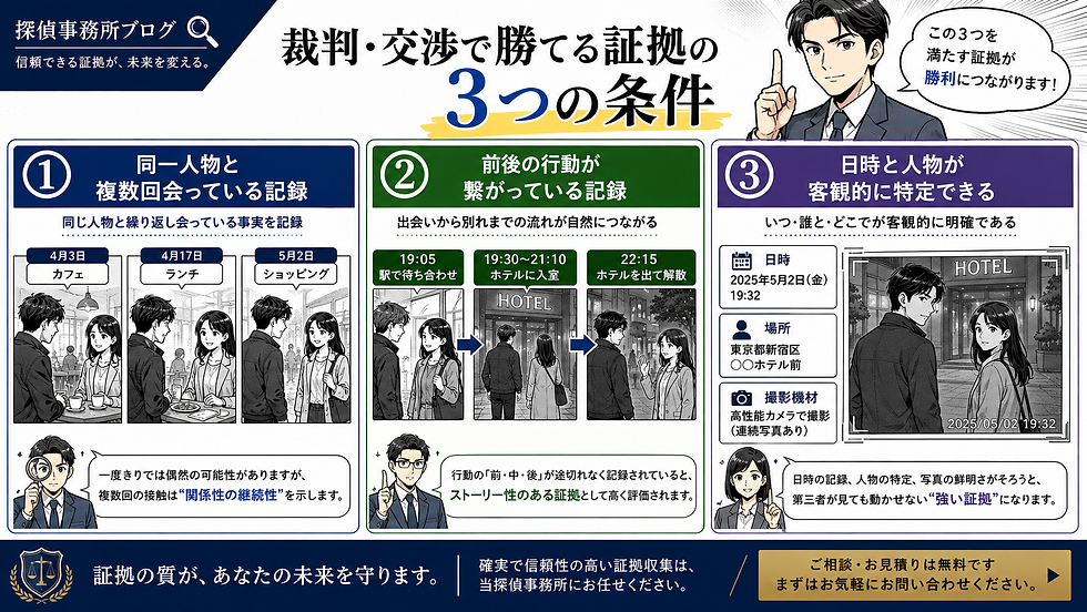 浮気調査で有効な証拠の3つの条件を解説した漫画風画像