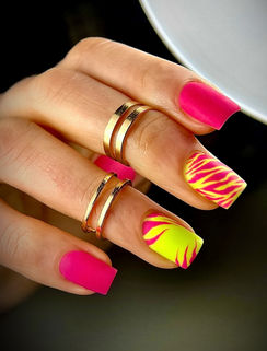 Structured Gel Nails with Neon Pink and Neon Yellow hand painted Tiger Stripes/Tigerprint design. Created by Phenomenail™ for Sructured Gel Masterclass Demo. This was a joint Collaboration with Crystal Nails and NailAward.