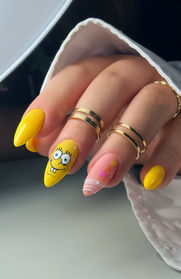 yellow almond nails with spongebob design created for summer nail design masterclass