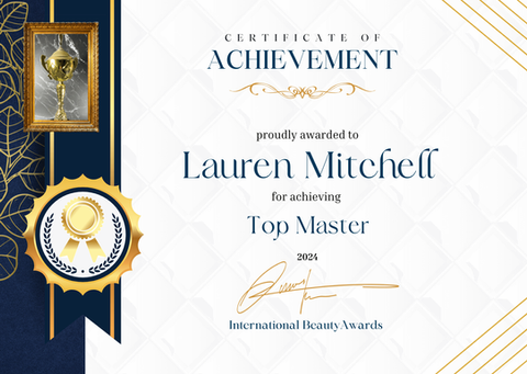Top Master Award – highest level of recognition awarded to Lauren Mitchell for excellence across nail art, gel nails, education, nail extension work, and advanced nail training from International Beauty Awards.