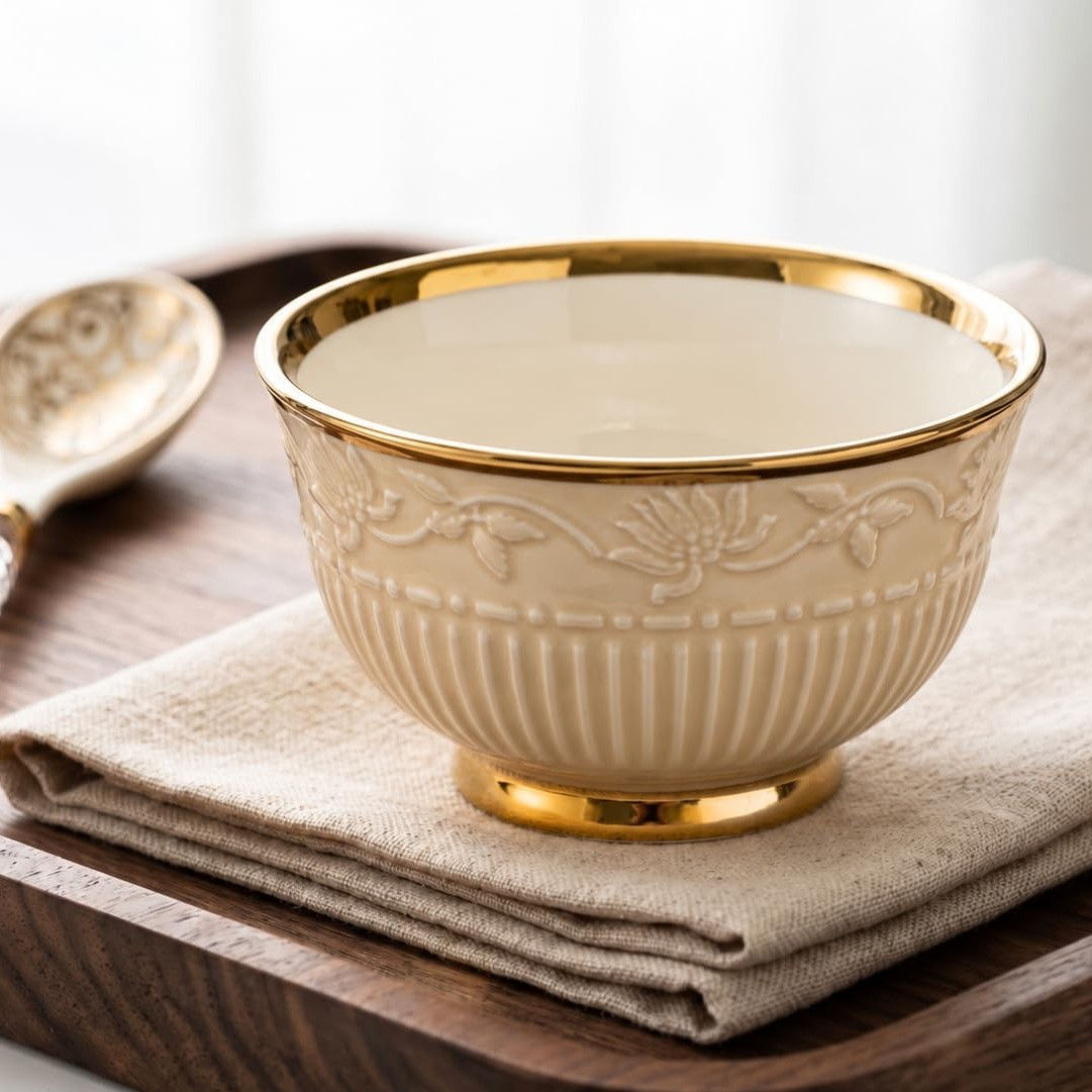 Porcelain Gold Rim Soup Bowl with Spoon Set of 6
