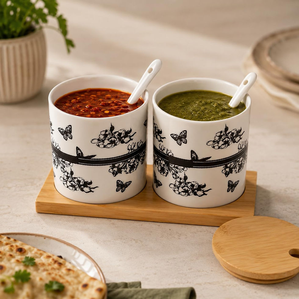 Thumbnail: Floral Ceramic Condiment Set with Bamboo Lids