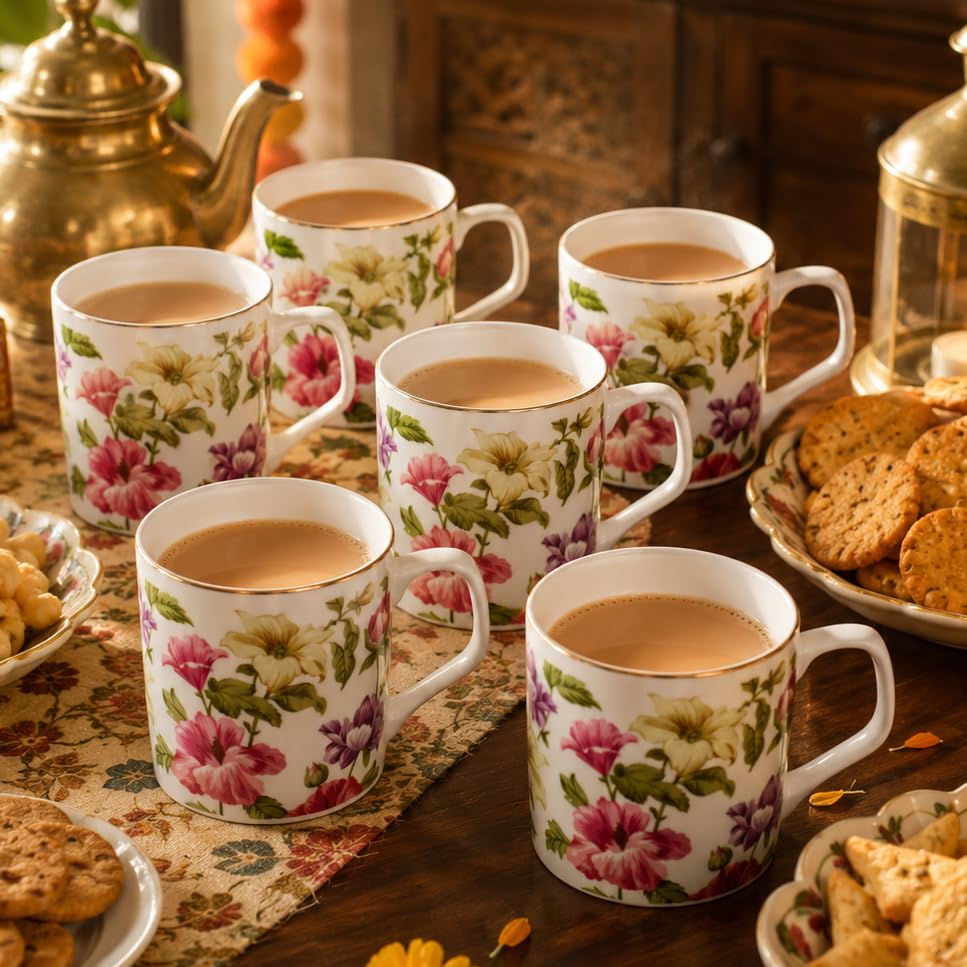Thumbnail: Premium Ceramic Tea Cups Set of 6 | Floral Coffee Mugs with Gold Rim