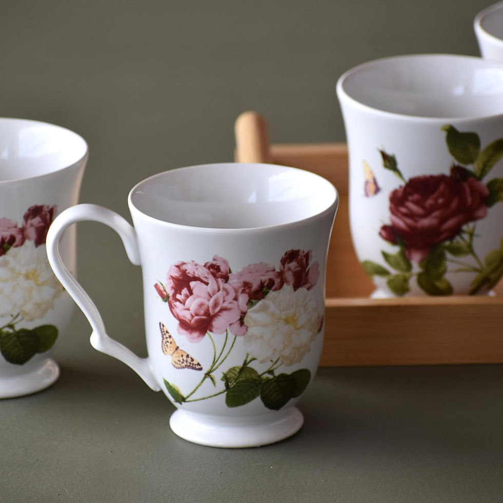 Thumbnail: Devnow Set of 4 Flower Print Porcelain Footed Mug – 300 ml