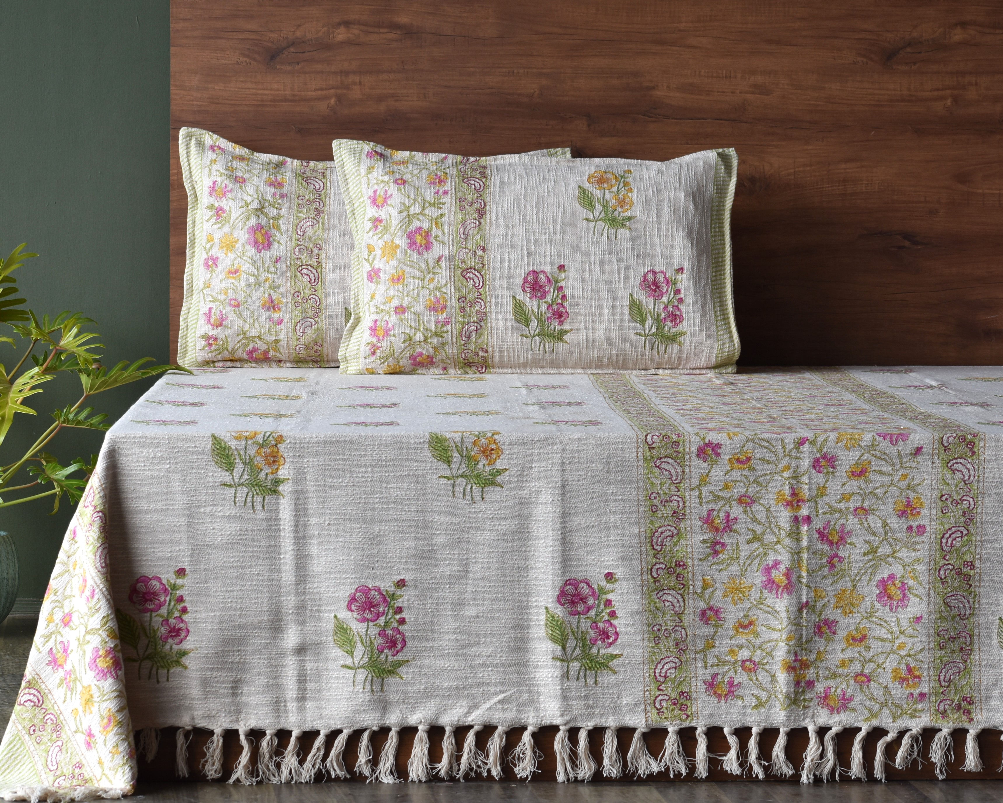 Hand Block Printed Cotton Slub Bedcover Set 108x108 Inches