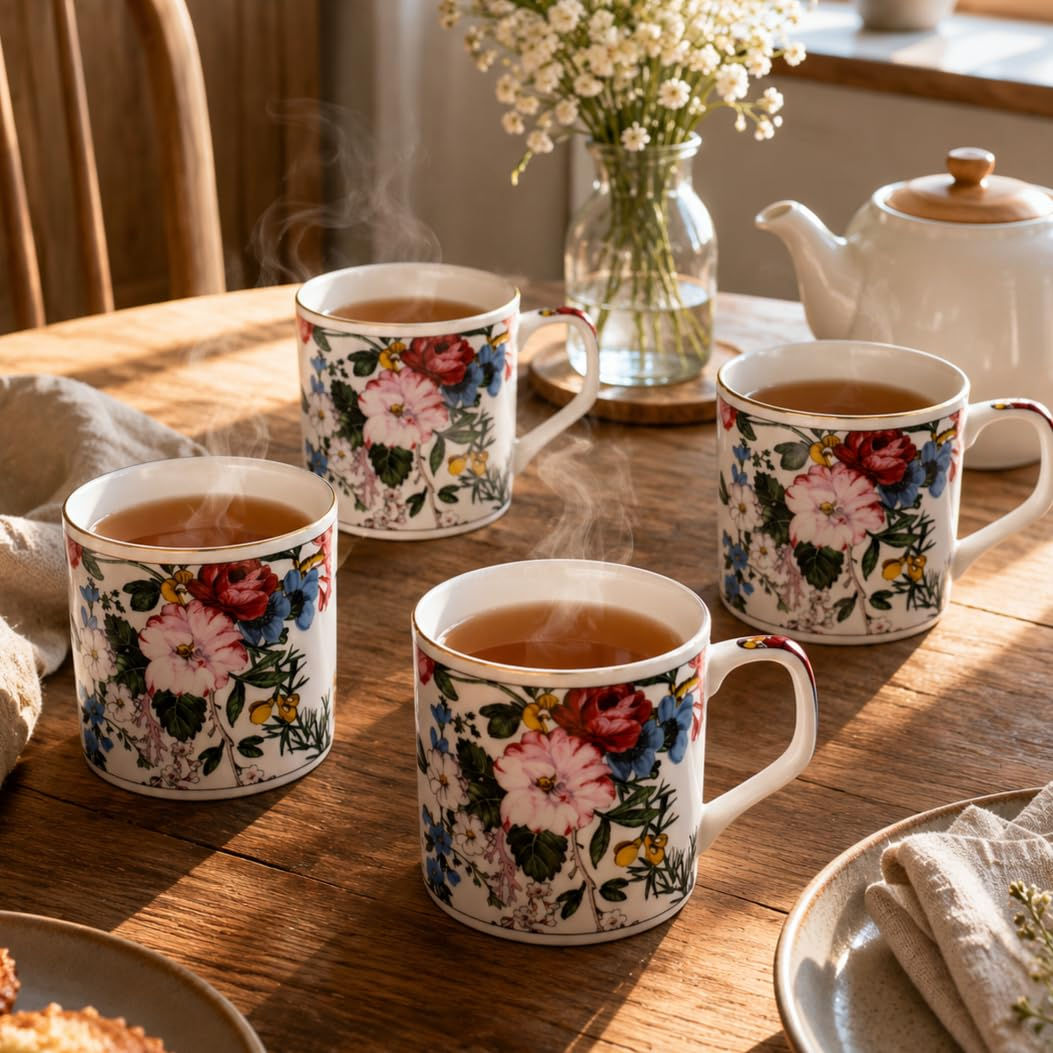Premium Ceramic Tea Cups Set of 6 | Floral Coffee Mugs with Gold Rim