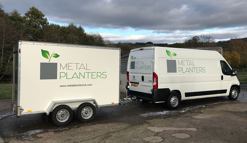 Metal Planters UK delivery van and trailer used for transporting large bespoke planter orders