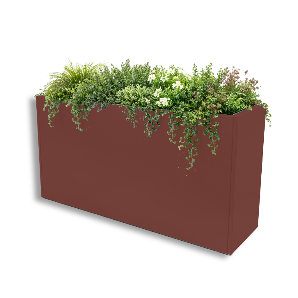 RAL 3009 Oxide Red planters. A warm, earthy red-brown colour for timber, old red brick, natural planting and Corten-style schemes.