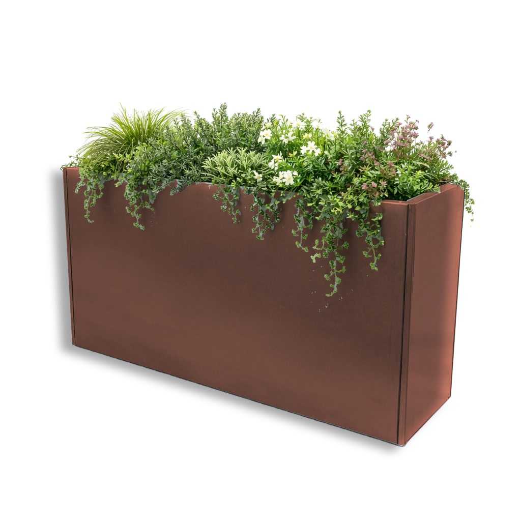 RAL 8029 Pearl Copper planters. A copper-bronze pearl finish suited to architectural projects, warm brickwork, green planting and corten-style schemes.