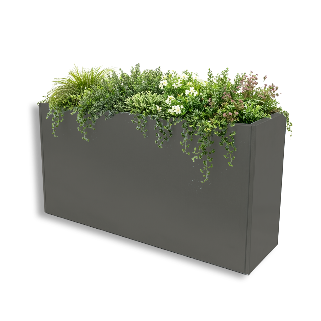 RAL 7022 Umbra Grey planters. A warm, earthy dark grey often specified by designers looking for an alternative to Anthracite Grey.