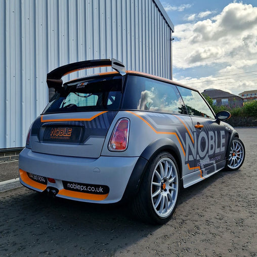 Mini Cooper Track Car Full Wrap with grey and orange race design