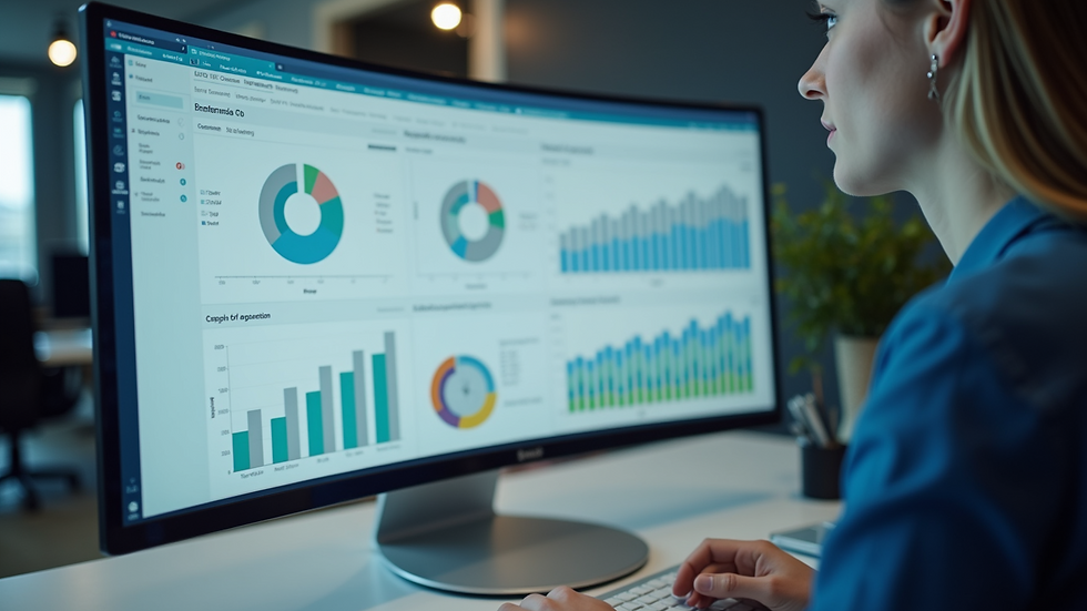 Close-up view of a computer screen displaying accounting software with charts and graphs