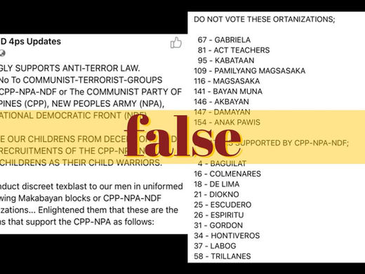 Facebook page falsely red-tags partylists, senatorial candidates