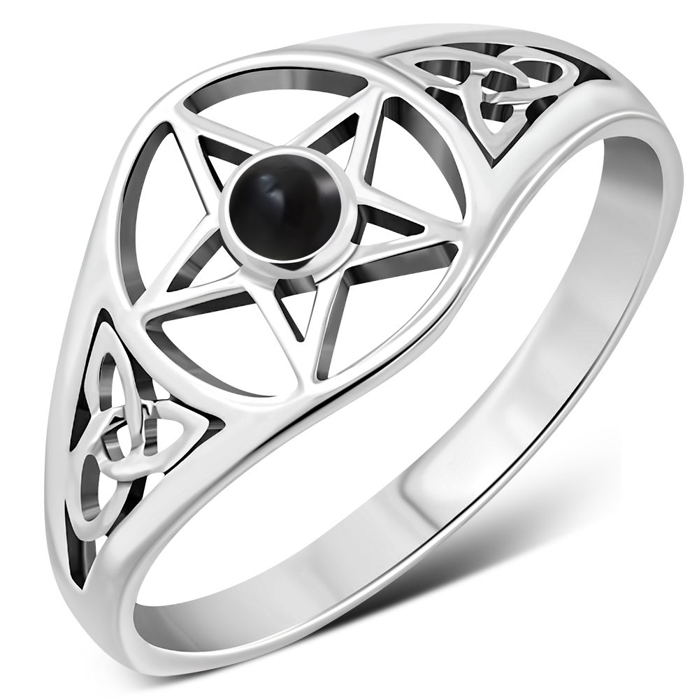 Black Obsidian Ring Sterling Silver 925 - Celtic Trinity Knot- Pentacle