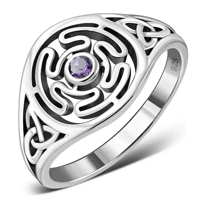 Hecates Wheel- Celtic Knot -Amethyst Faceted-Ring- Sterling Silver 925