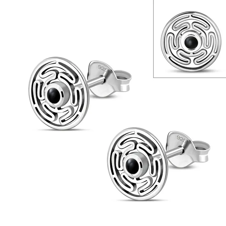 Hecates Wheel Earrings Black Obsidian Sterling Silver 925 Stud Earrings