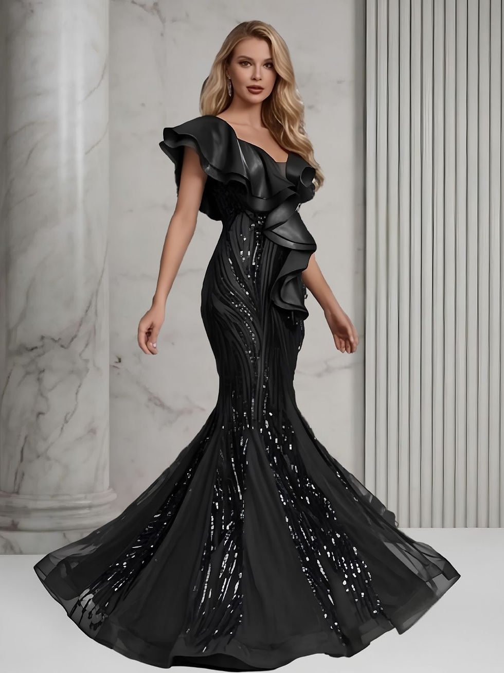 Woman in black mermaid gown by lomerostudio