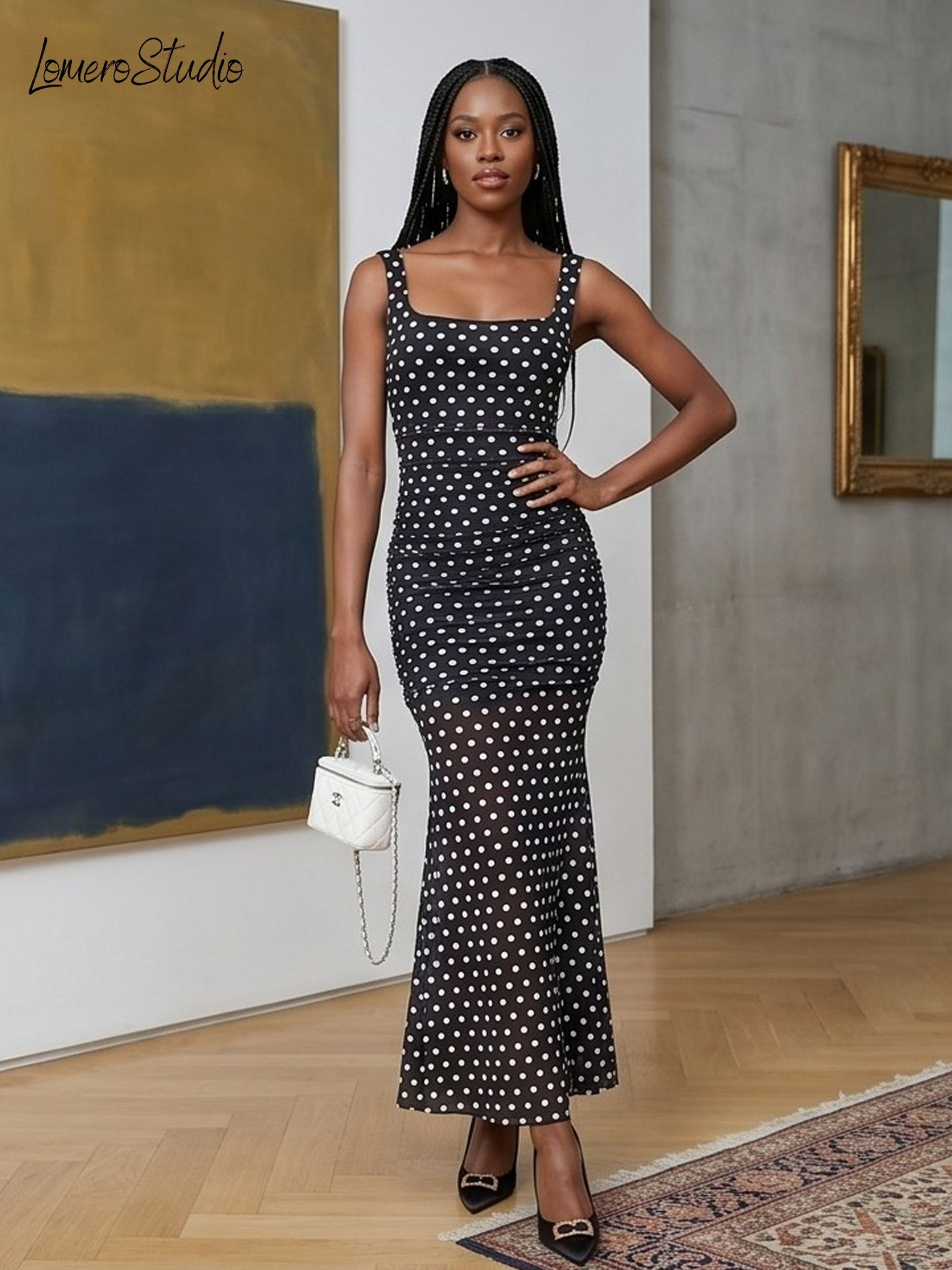 Elegant Polka Dot Maxi Dress for Women, Sexy Mesh Dress with Fishtail Style