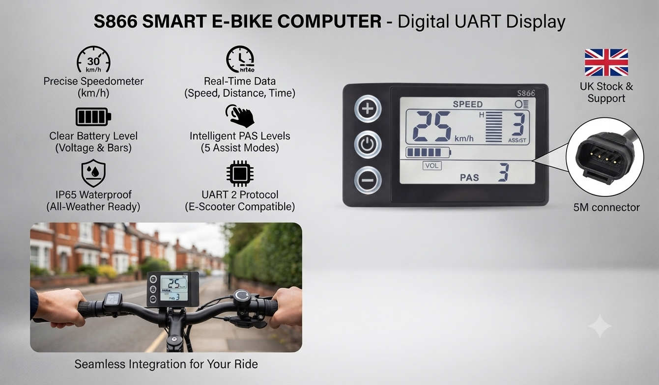 S866 UART Electric Bike Display Waterproof LCD Speedometer for E-Bikes