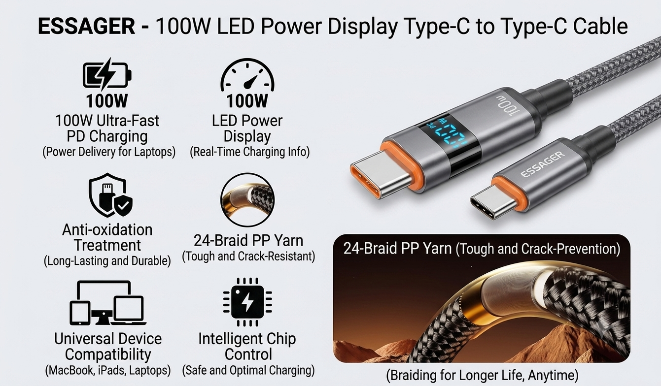 Essager 100W USB-C to USB-C Cable 5A PD Fast Charging for Laptop & Phone