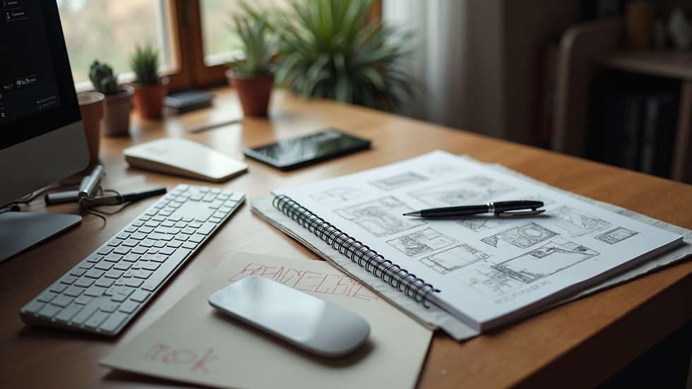 High angle view of a designer’s workspace with a computer and sketchbook