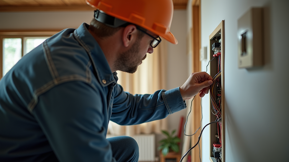 Eye-level view of a local electrician inspecting wiring in a residential setting