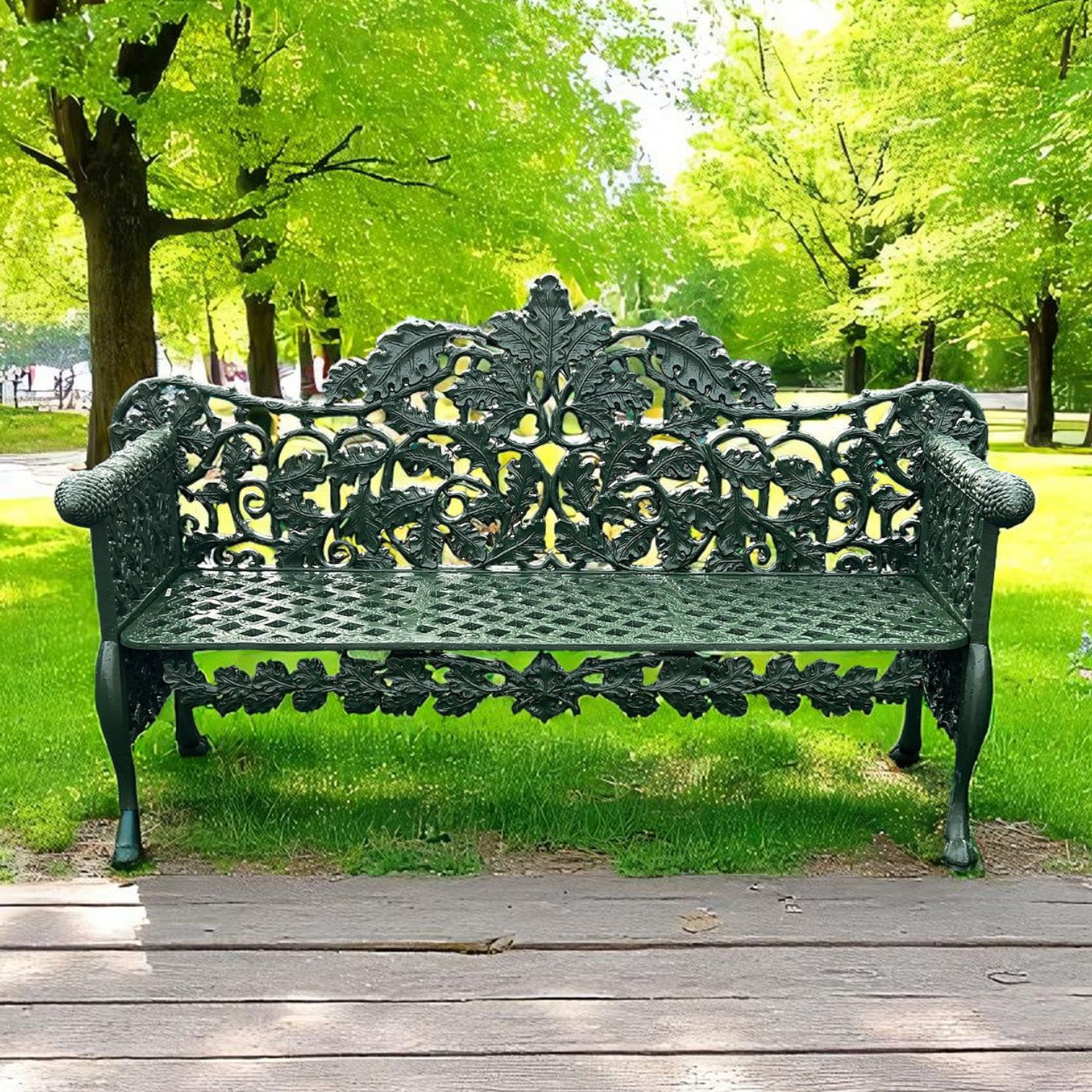 Victorian Style Cast Iron White Oak Garden Bench