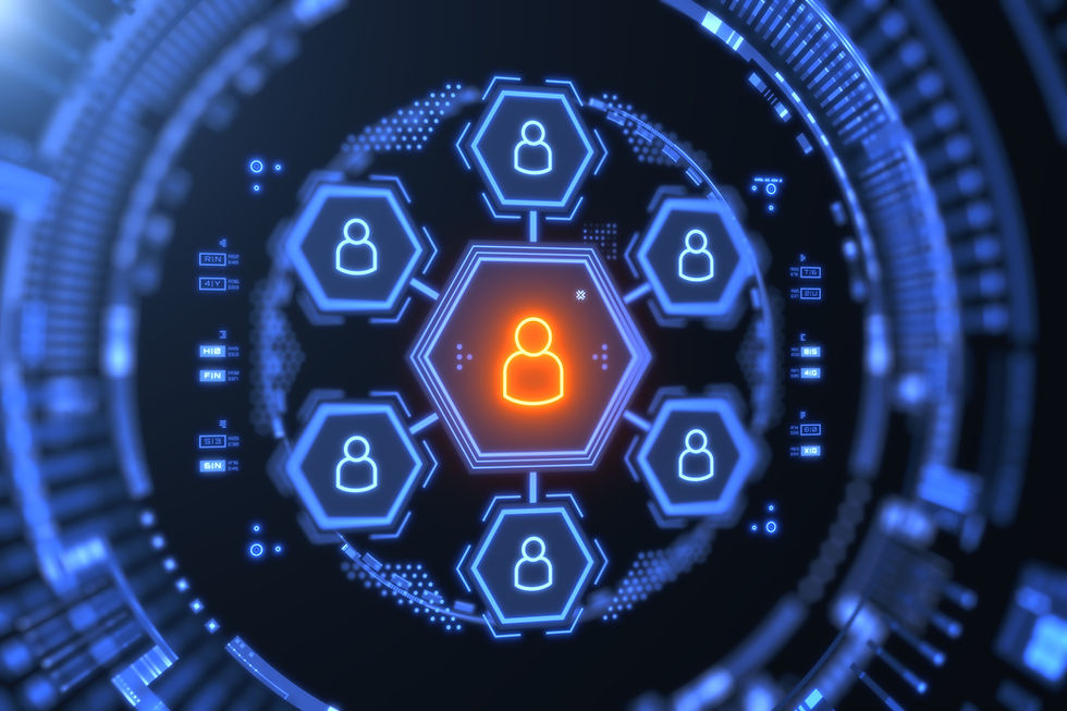 Digital network illustration depicting interconnected user icons, with a central figure highlighted in orange, symbolizing leadership or focal point within a technological framework.