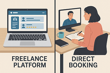 Illustration comparing freelance platform hiring and direct virtual assistant booking, showing a split screen with a laptop on one side and a client–VA video call on the other