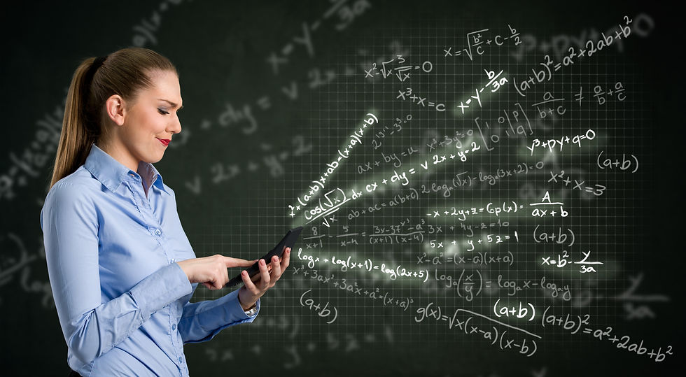 A young woman in a blue shirt uses a tablet, surrounded by glowing mathematical formulas on a chalkboard, illustrating a fusion of technology and education.