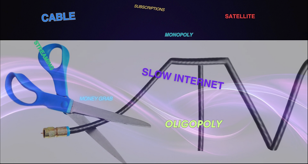 scissors with CATV cord and random words floating around