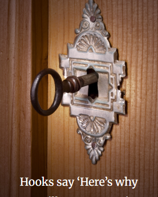 A door with a key in a lock that says, "Teasers say 'Come in.' Hooks say ‘Here’s why you’ll want to stay.’