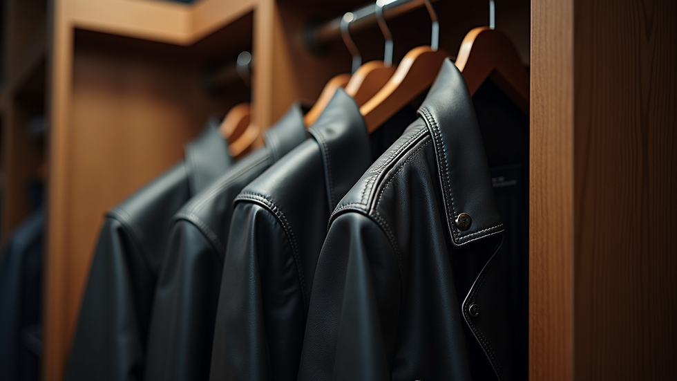 Eye-level view of a leather jacket hanging on a padded hanger in a closet