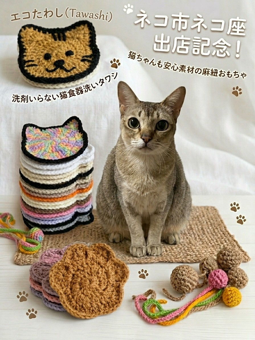 猫が麻紐おもちゃの横に座り、毛糸製の猫顔スポンジとカラフルなタワシが積まれる。背景に「ネコ市ネコ座出店記念!」の文字。