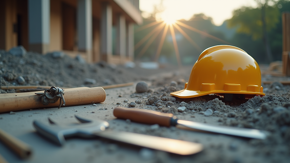 Close-up view of a construction site with tools and materials