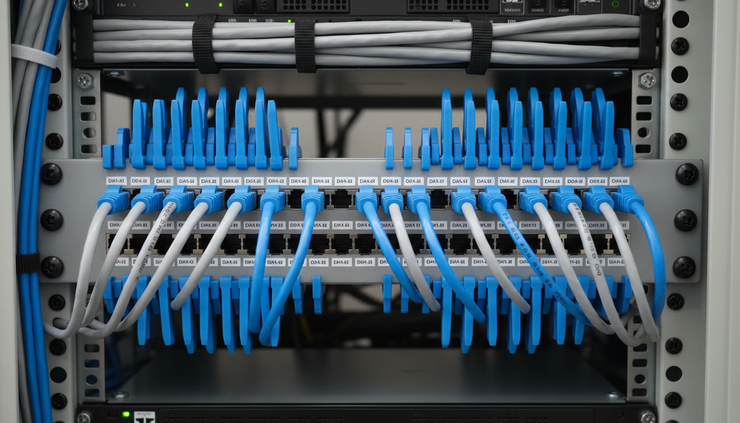 Close-up view of labelled Ethernet cables terminating into a patch panel