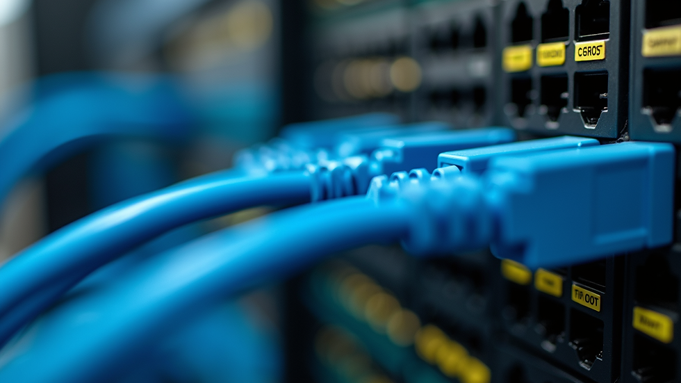 Close-up view of structured cabling connectors and patch panels