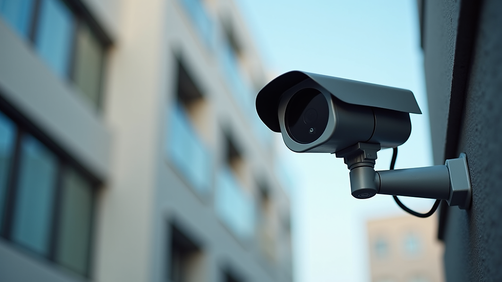 Eye-level view of a modern CCTV camera mounted on a building exterior