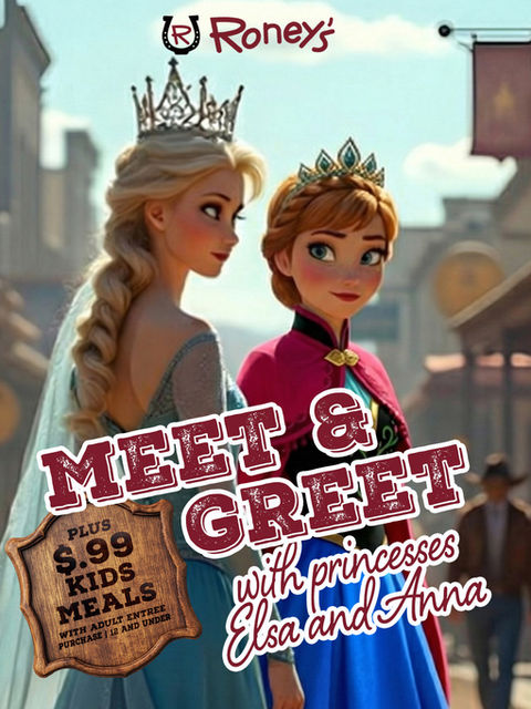 Promotional graphic for a "Meet & Greet with princesses Elsa and Anna" at Roney's. The image features animated-style princesses standing in a western town setting. A wooden badge on the left advertises "Plus $.99 Kids Meals with adult entree purchase | 12 and under".