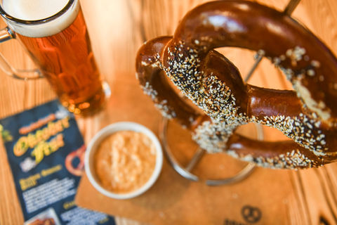 Soft pretzels with beer cheese made from Wildfire Red Ale and a mug of Oktoberfest beer at Barleycorn’s Brewhouse in Wilder, Kentucky.
