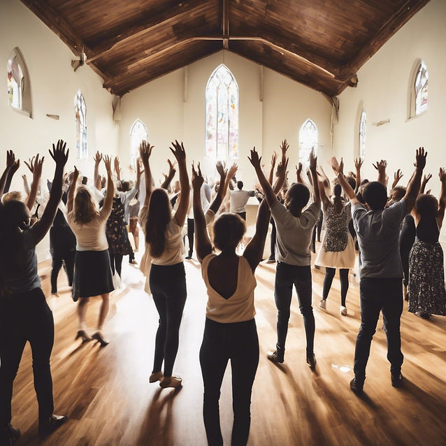 Church congregation dancing in the halls with hands raised praising. Center the dancers h