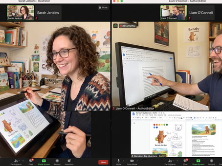 Two people on a zoom call, working together collaborating on a children's book.