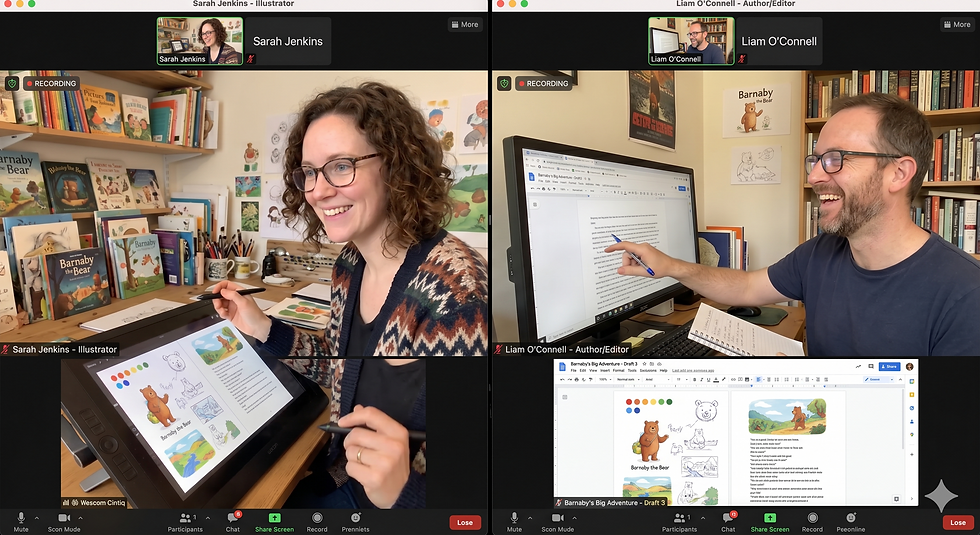 Two people on a zoom call, working together collaborating on a children's book.