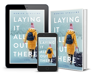 Laying It All Out There cover on a tablet, a phone, and a book