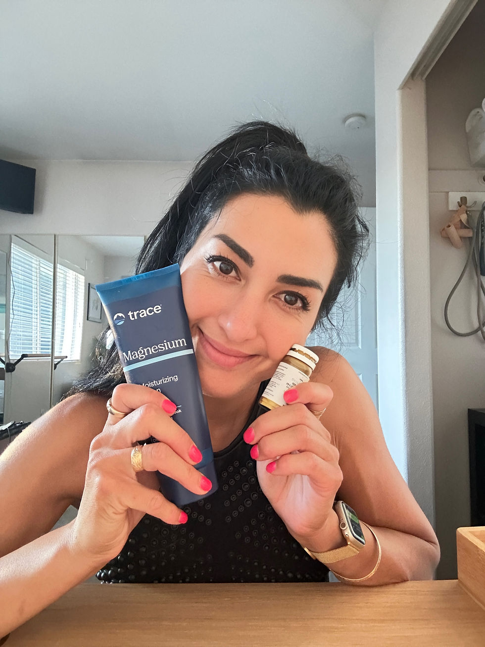 Pictured: I keep homeopathic magnesium at home and put magnesium lotion on Maya’s legs at night to soothe "growing pains."