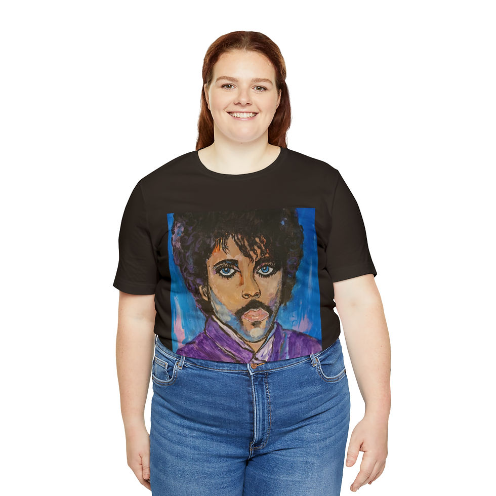 Thumbnail: A  t-shirt featuring a detailed and colorful portrait of the musician Prince. The artwork showcases Prince in his iconic style, with vibrant colors highlighting his face and signature look. The product is titled 'Purple Reign: A Tribute to the Legend - Prince.