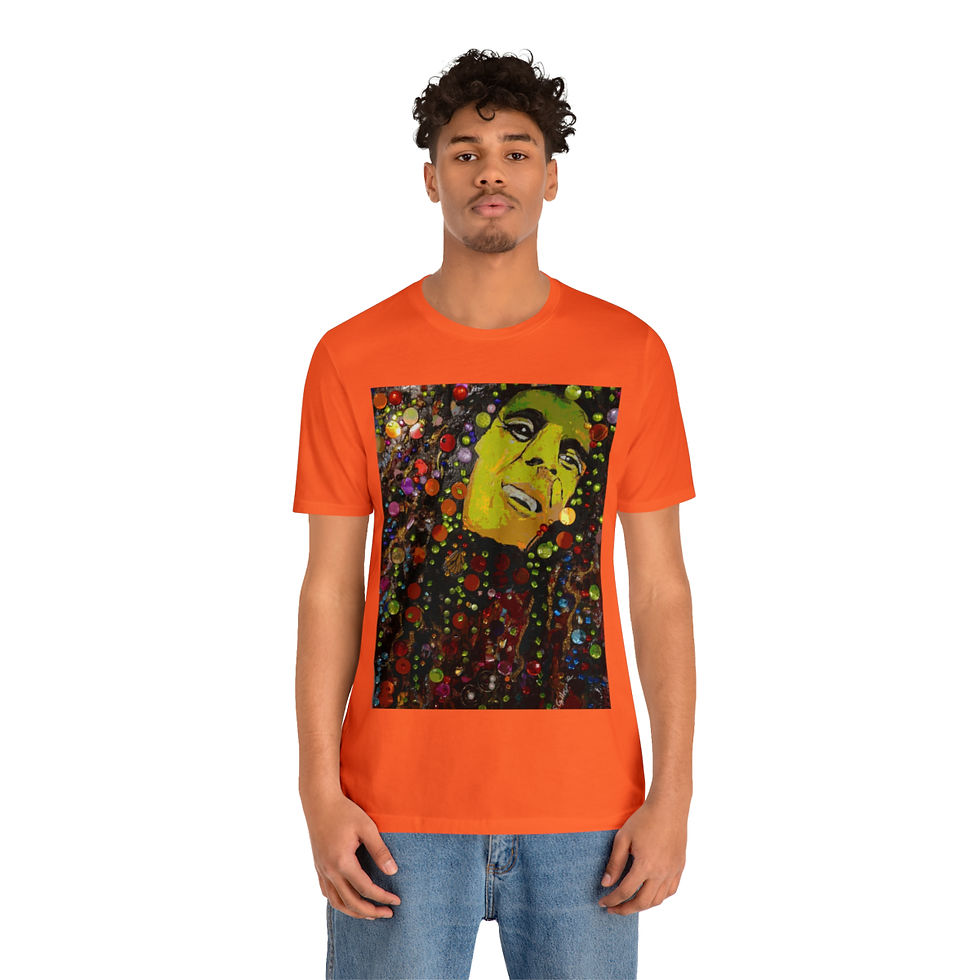 Thumbnail: An orange t-shirt featuring a vibrant and colorful portrait of Bob Marley. The artwork captures Bob Marley's likeness with bright, expressive colors and patterns, creating a dynamic tribute to the iconic musician. The product is titled 'One Love, One Tee: A Vibrant Tribute to Bob Marley.